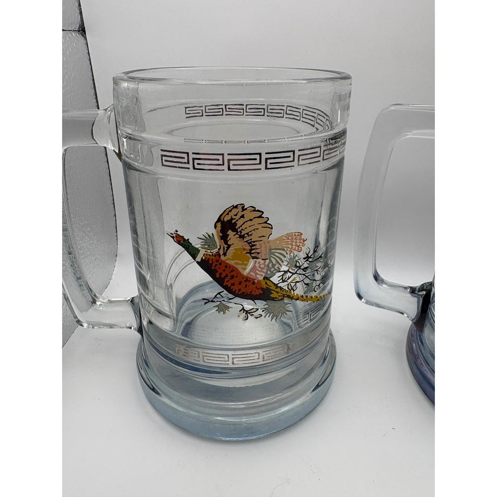 Vintage Wildlife Glass Beer Mugs Set of 2 Pheasant‎ & Mallard Duck Greek Key - Picture 3 of 11